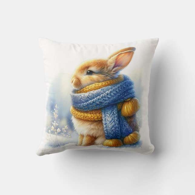 Cozy Winter Bunny Rabbit Throw Pillow (Back)