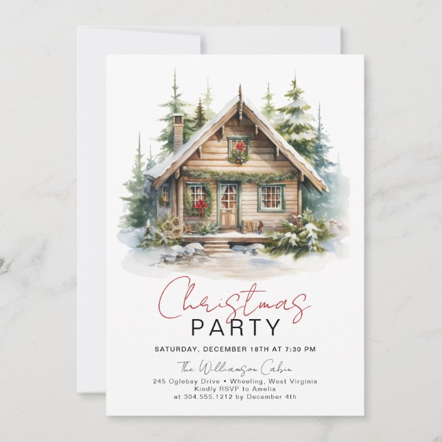 Cozy Winter Cabin Christmas Party Invitation  (Front)