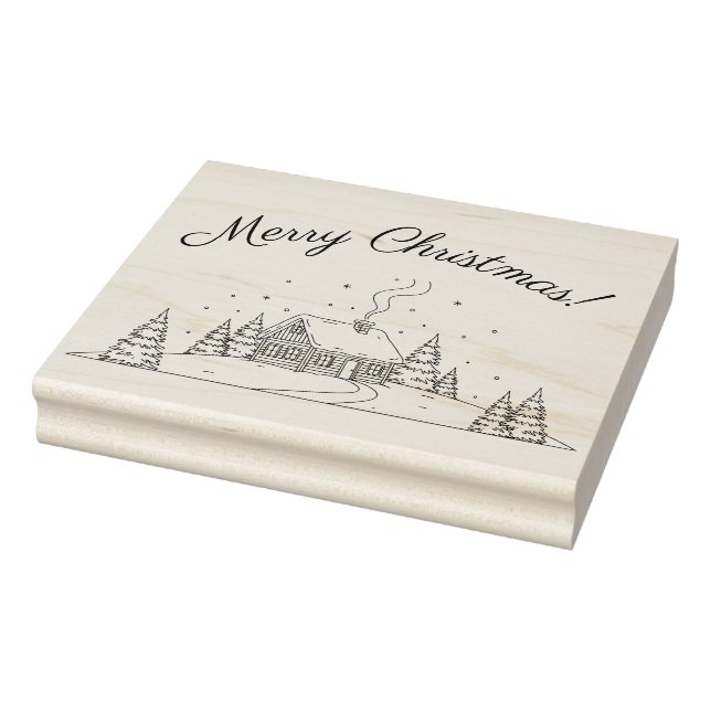 Cozy Winter Cabin Christmas Scene Rubber Stamp (Stamp)