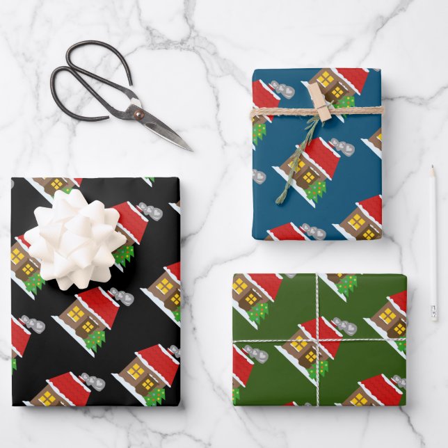 Cozy winter cabin Christmas wrapping paper sheets (Front)
