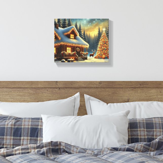 Cozy Winter Cabin in a Snowy Forest | Christmas Canvas Print (Insitu(Bedroom))