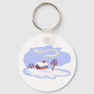 Cozy Winter Cabin in Snow Frosty Landscape Keychain