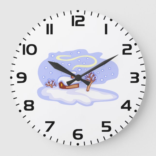 Cozy Winter Cabin in Snow Frosty Landscape Large Clock (Front)