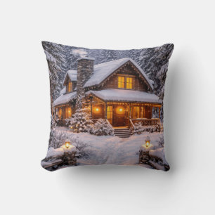 Cozy Winter Cabin in the Snow Throw Pillow