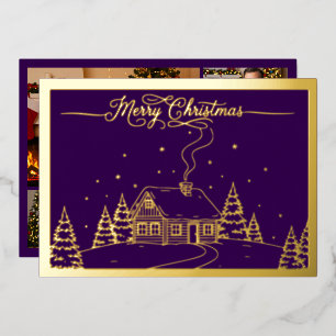 Cozy Winter Cabin , Merry Christmas, Purple, Gold Foil Holiday Card