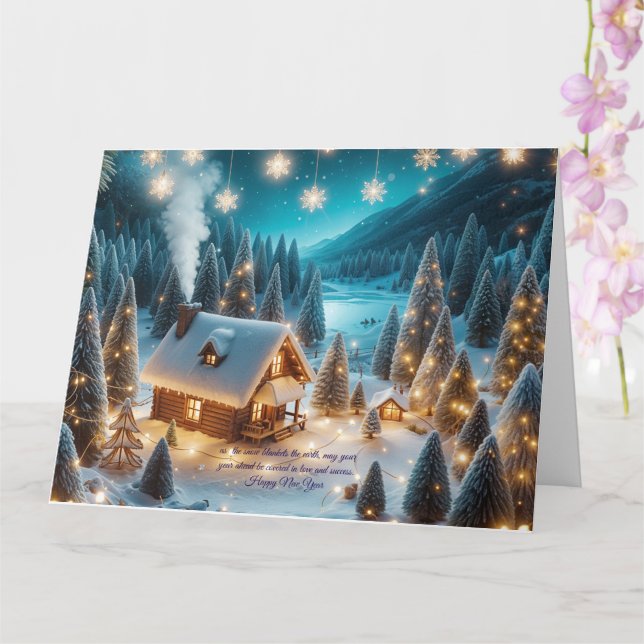 Cozy Winter Cabin New Year Greeting Card (Orchid)