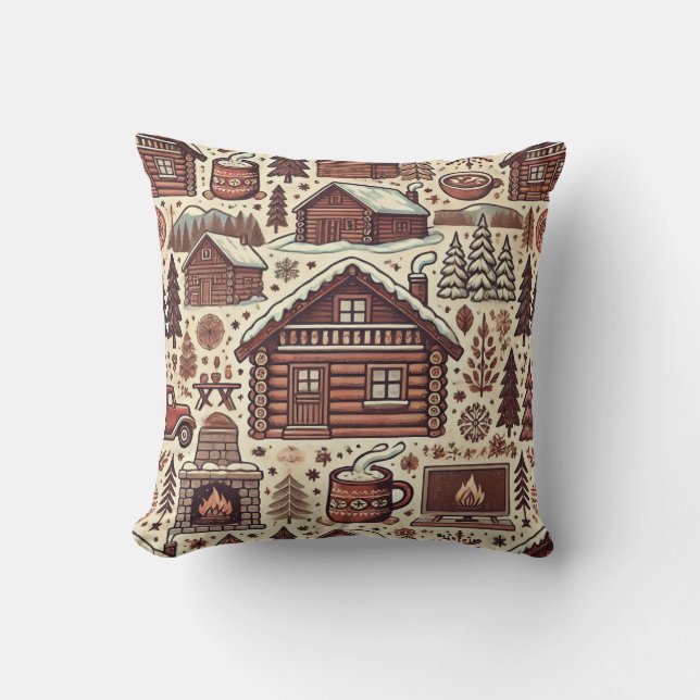 Cozy Winter Cabin Throw Pillow (Front)