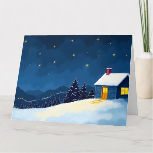 Cozy Winter Cabin Under Starry Night Sky Card
