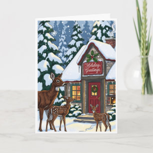 Cozy Winter Cabin with Deer Family Card