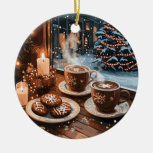 Cozy Winter Cafe with Hot Cocoa and Cookies Ceramic Ornament