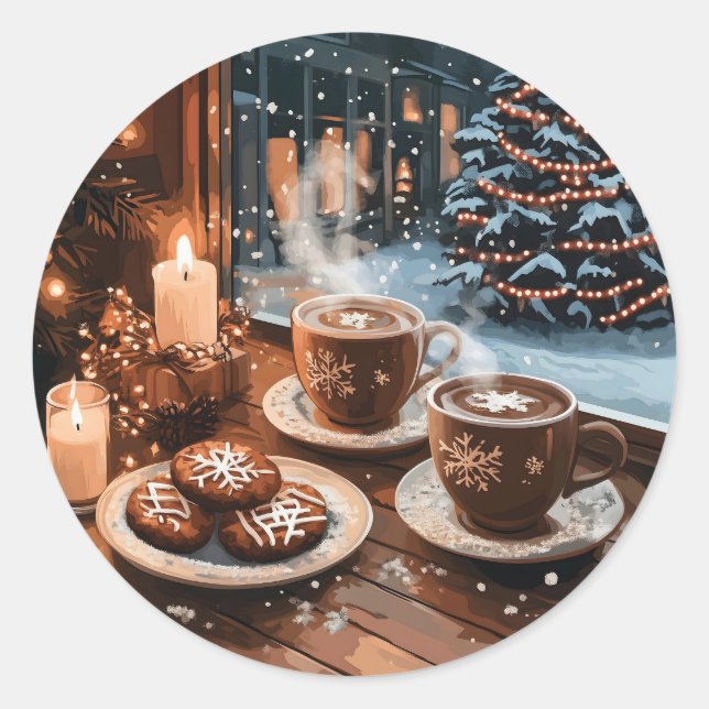 Cozy Winter Cafe with Hot Cocoa and Cookies Classic Round Sticker (Front)