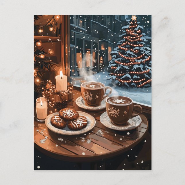 Cozy Winter Cafe with Hot Cocoa and Cookies Holiday Postcard (Front)