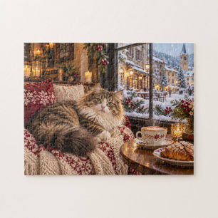 Cozy Winter Cat Resting Indoors With Snowy Village Jigsaw Puzzle