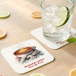 Cozy Winter Chili Cook-Off Party Watercolor Square Paper Coaster