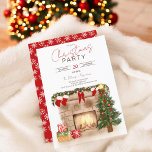 Cozy winter chimney Christmas tree illustration Invitation<br><div class="desc">A modern layout with a brushed font script with hand painted traditional cozy winter Christmas scene featuring a stone chimney,  burning fire place,  christmas pine wreath and socks,  with a cute green and red Christmas tree and glowing light and stack of wrapped gifts and presents</div>