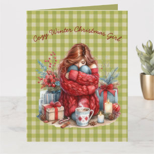 Cozy Winter Christmas Girl Olive Green Greeting  Card