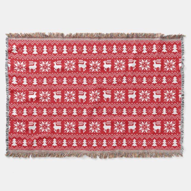 Cozy Winter Christmas Inspired Red Pattern Throw Blanket (Front)