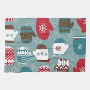 Cozy Winter Christmas Mittens Blue Kitchen Towel