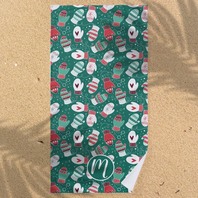 Cozy Winter Christmas Mittens Pattern in Green Beach Towel (Winter Mittens Beach Towel)