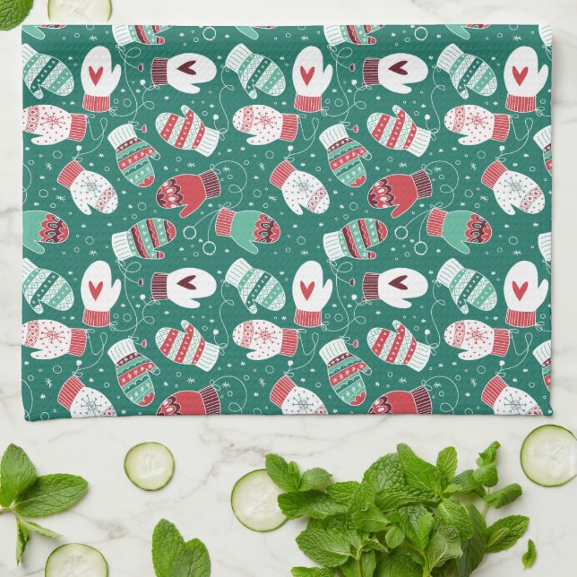 Cozy Winter Christmas Mittens Pattern in Green Kitchen Towel (Folded)