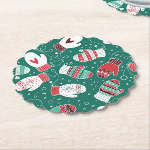 Cozy Winter Christmas Mittens Pattern in Green Paper Coaster