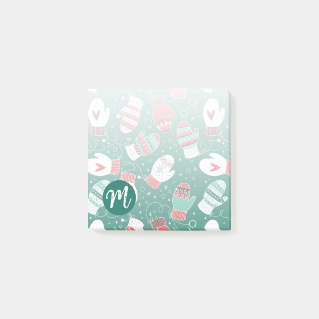 Cozy Winter Christmas Mittens Pattern in Green Post-it Notes (Front)