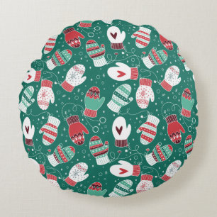 Cozy Winter Christmas Mittens Pattern in Green Round Pillow