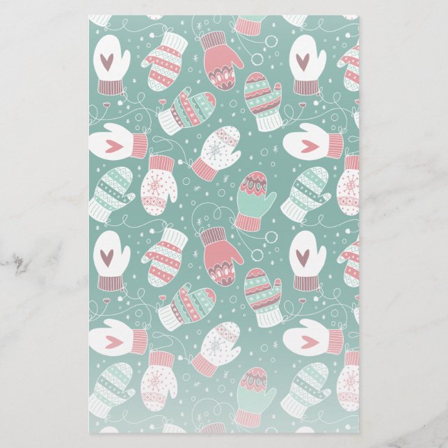 Cozy Winter Christmas Mittens Pattern in Green Stationery (Back)