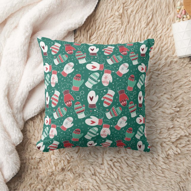 Cozy Winter Christmas Mittens Pattern in Green Throw Pillow (Blanket)