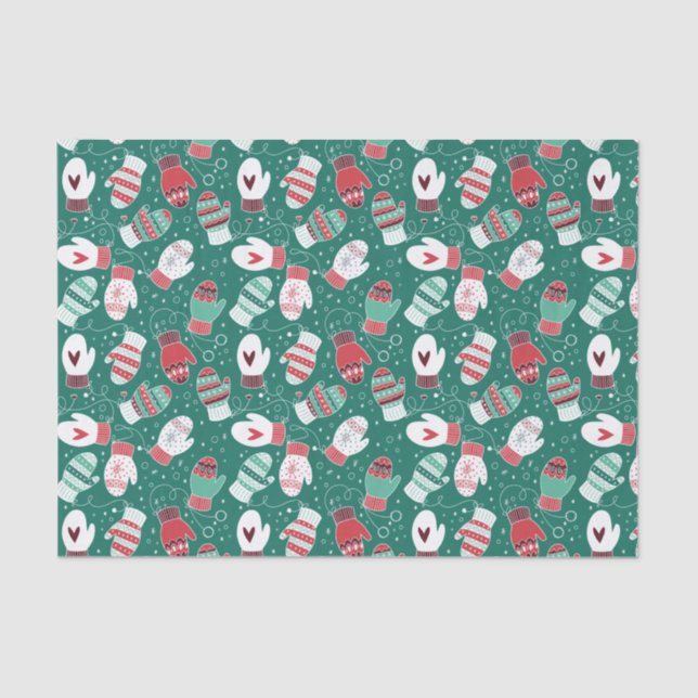 Cozy Winter Christmas Mittens Pattern in Green Tissue Paper (Front)