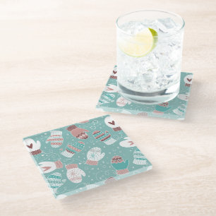 Cozy Winter Christmas Mittens Pattern in Mint Glass Coaster