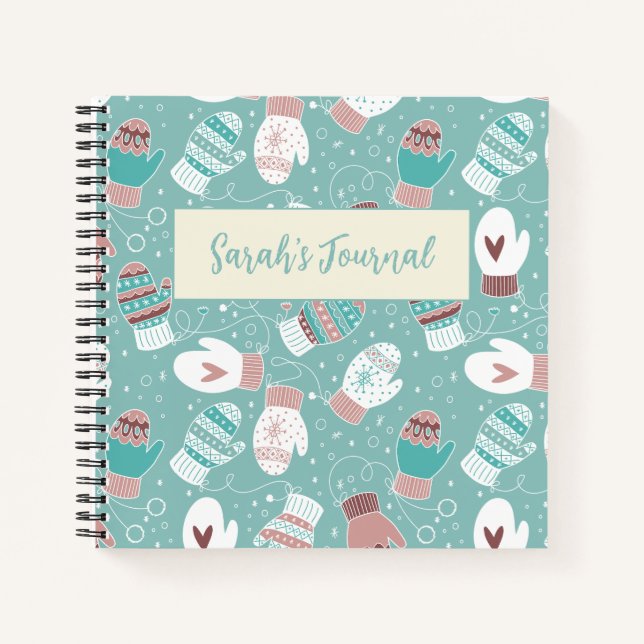 Cozy Winter Christmas Mittens Pattern in Mint Notebook (Front)