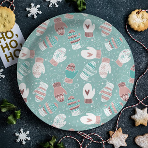 Cozy Winter Christmas Mittens Pattern in Mint Paper Plate