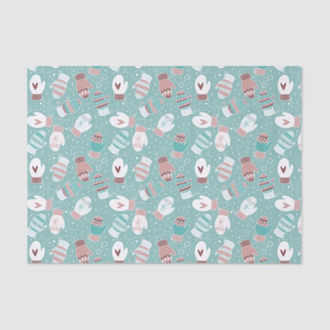 Cozy Winter Christmas Mittens Pattern in Mint Tissue Paper (Front)