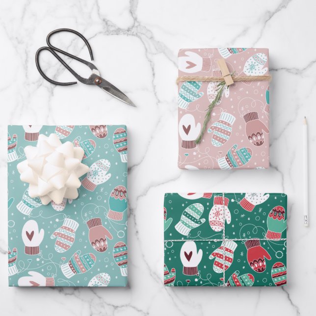 Cozy Winter Christmas Mittens Pattern Set Wrapping Paper Sheet (Front)