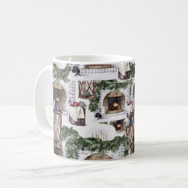 Cozy Winter Christmas Watercolor Pattern Coffee Mug (Front Left)