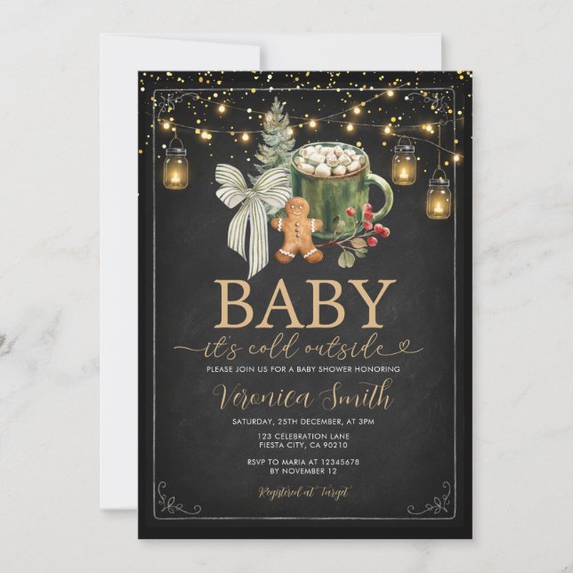 Cozy Winter Cocoa Bow Baby Shower String Lights Invitation (Front)