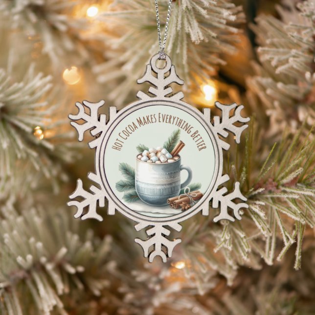 Cozy Winter Cocoa Marshmallow Scene Snowflake Pewter Christmas Ornament (Tree)