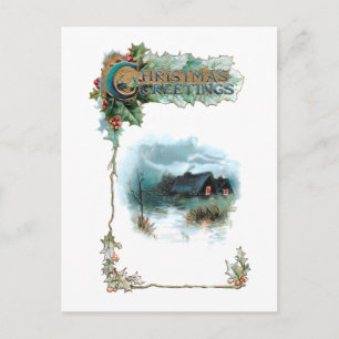 Cozy Winter Cottage and Ornate Christmas Greetings Postcard