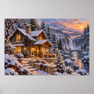 Cozy Winter Cottage beside a Mountain Waterfall Poster