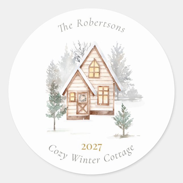 Cozy Winter Cottage Personalized Christmas Classic Round Sticker (Front)