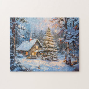 Cozy Winter Cottage with Christmas Tree Jigsaw Puzzle