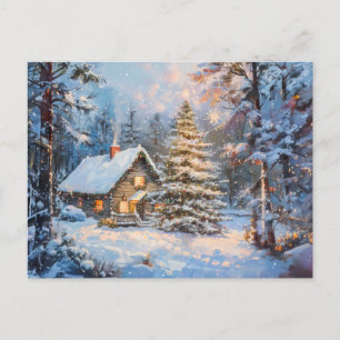 Cozy Winter Cottage with Christmas Tree Postcard