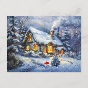 Cozy Winter Cottage with Christmas Tree Postcard