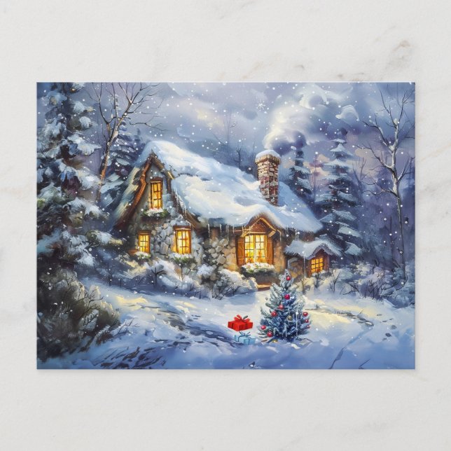 Cozy Winter Cottage with Christmas Tree Postcard (Front)