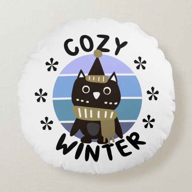 Cozy Winter, Cute Owl Round Pillow (Front)