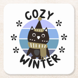 Cozy Winter, Cute Owl Square Paper Coaster