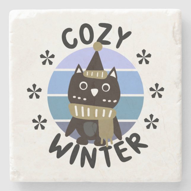 Cozy Winter, Cute Owl Stone Coaster (Front)