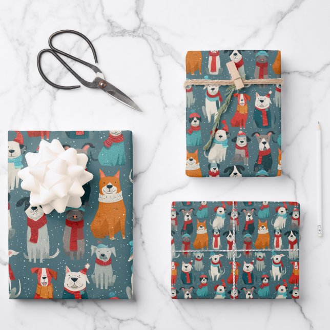 Cozy Winter Dog Christmas Wrapping Paper Sheet (Front)