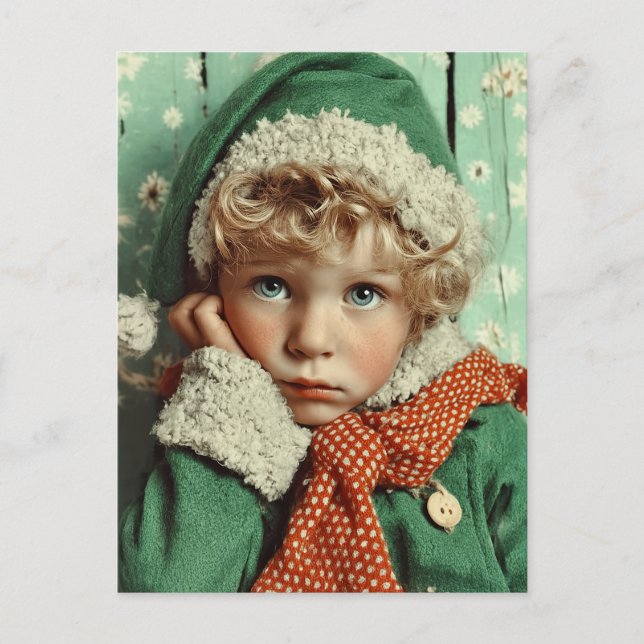 Cozy Winter Elf Child Portrait Holiday Postcard (Front)